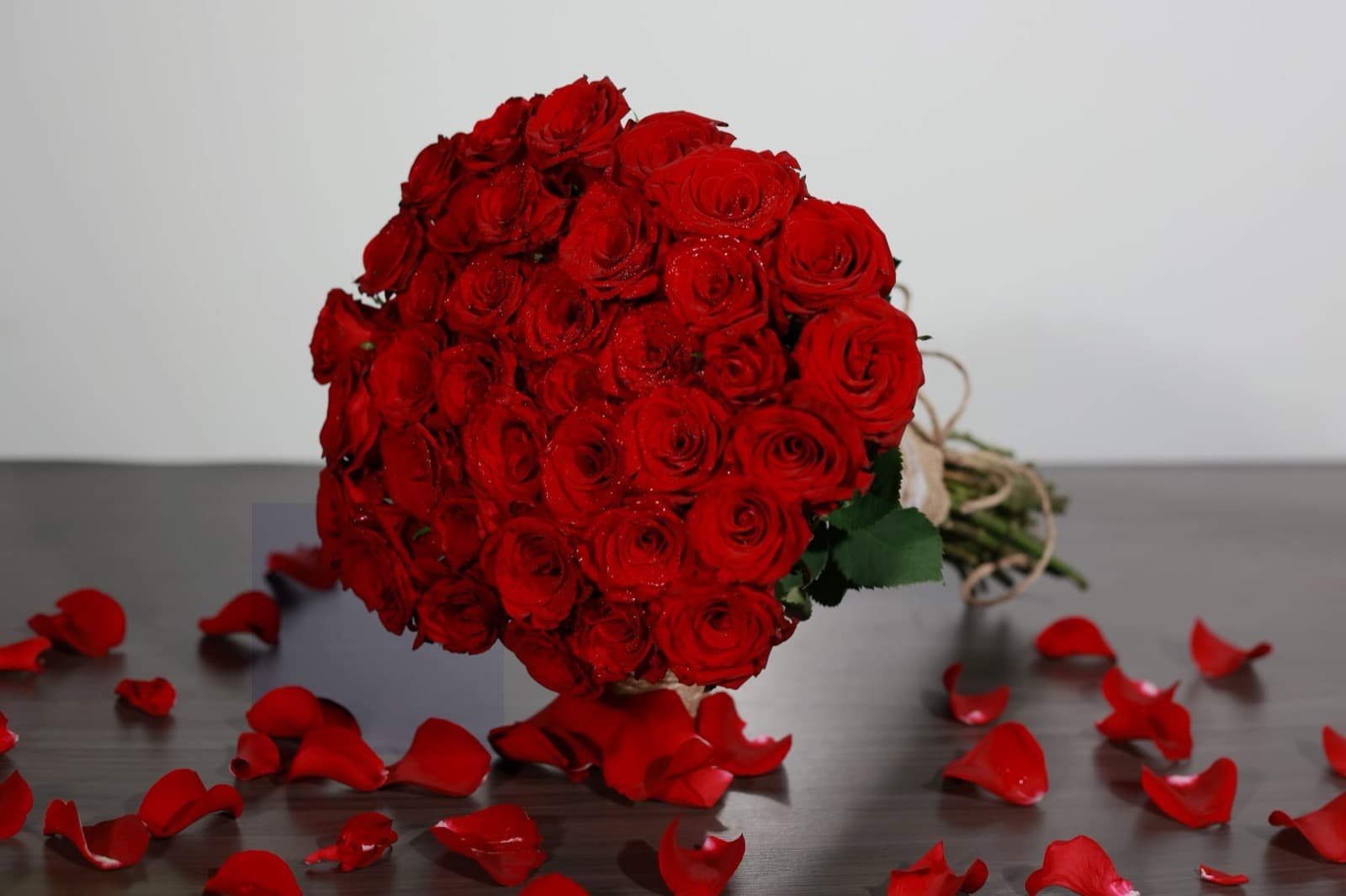 Luxurious dome of deep red roses with scattered petals